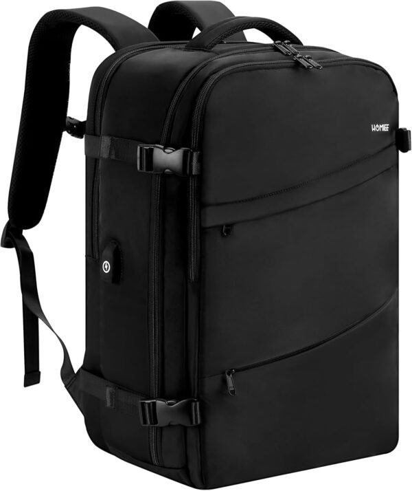HOMIEE Sac à Dos de Voyage Extra Large, Sac à Dos Cabine Imperméable pour Ordinateur Portable, Sac a Dos Voyage Avion Antivol avec Port de Charge USB, Sac a Dos Bagage à Main, Noir