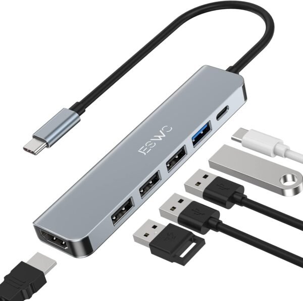 Adaptateur USB C Hub HDMI, Adaptateur USB C 6 en 1 avec HDMI 4K, 1 Port USB 3.0 et 3 Ports USB 2.0, Alimentation 100 W Compatible avec Windows 10/8, Mac OS 10.5 ou supérieur, Linux et Plus Encore.
