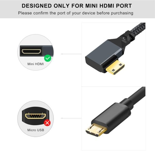 Twozoh Câble Adaptateur Mini HDMI vers HDMI 0,2M, Nylon tressé à 90 Degrés à angle droit Mâle Mini HDMI vers Femelle HDMI Câble extension Supporte 3D/4K 1080p – Image 4