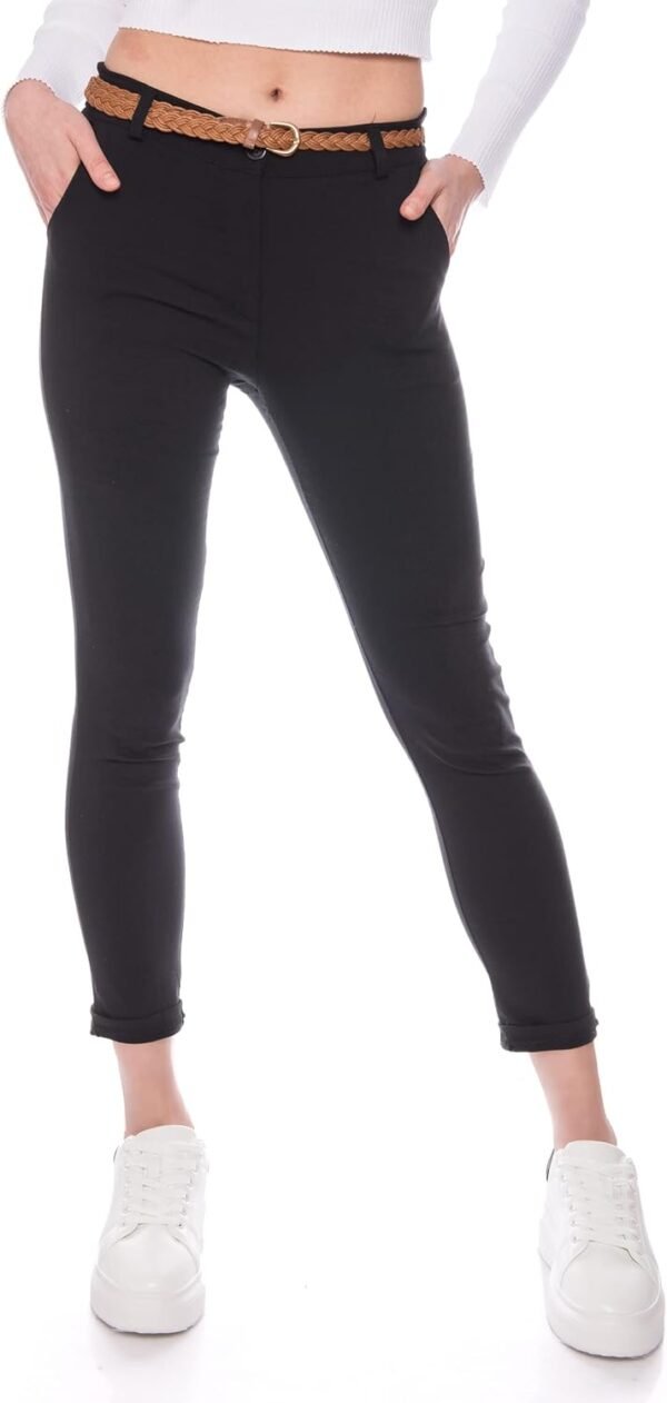 Kendindza Pantalon chino stretch pour femme avec ceinture Pantalon en tissu élégant long – Image 2