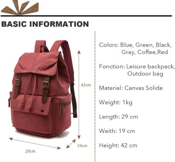 Rufun Sac à Dos en Toile Cartable Vintage pour Ordinateur Portable Daypack Randonnée Voyage Grande capacité Sac Unisexe – Image 2