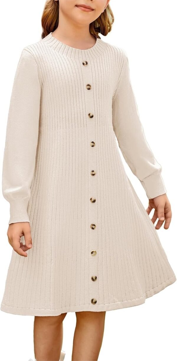 GRACE KARIN Filles Robe Tricotée pour Automne Hiver Col Ras du Cou Manches Longues Coupe Évasée