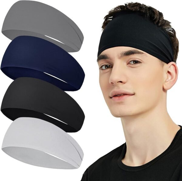 Bandeau de Sport Extensible pour Homme et Femme 4 pcs Bandeau Anti-Transpiration, Elastique Antidérapant Anti-Humidité Sports Hairband, Sportband pour Ski Course à Pied Yoga Gym