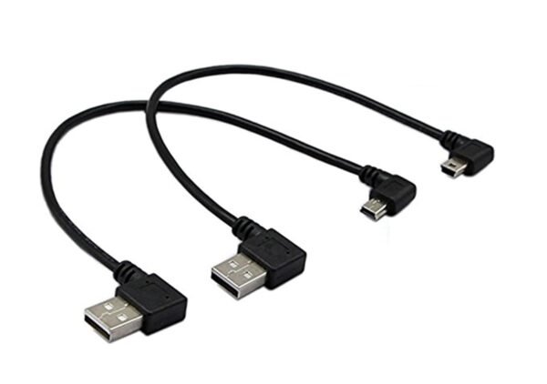 CERRXIAN 9 pouces Mini combinaison de câble USB Mini USB à angle droit et gauche d'angle mâle vers USB Type A 2.0 Angle gauche Homme synchronisation des données et câble de charge (1 paire)