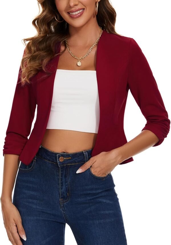 LADI TREND Blazer court sans col pour femme Vestes ouvertes sur le devant Manches 3/4 froncées Cardigan demi-lin – Image 7