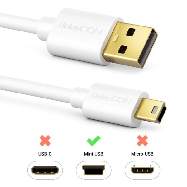 deleyCON 1,5m Mini USB 2.0 Câble Haute Vitesse - Câble de Charge & Données pour Téléphones Mobiles Smartphones Tablettes Appareils Photo Numériques Navis Microphone - USB A vers Mini B - Blanc – Image 2