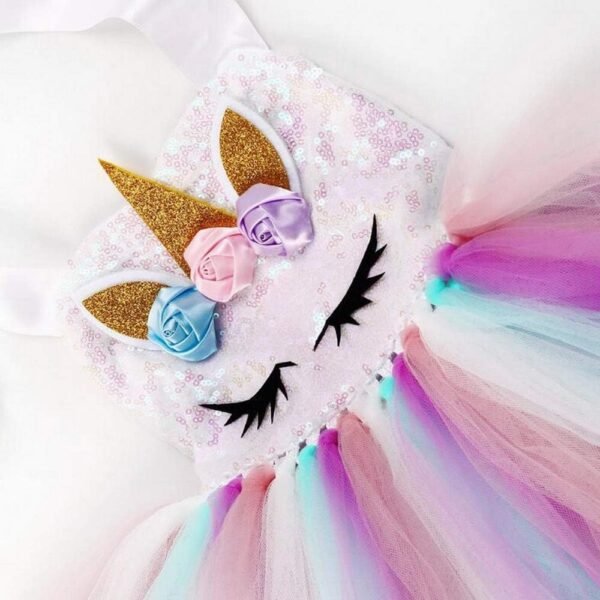 Robe de princesse licorne pour filles - Tutu en tulle - Fleurs arc-en-ciel - Pour fête de mariage, Halloween, Noël - Multicolore – Image 3