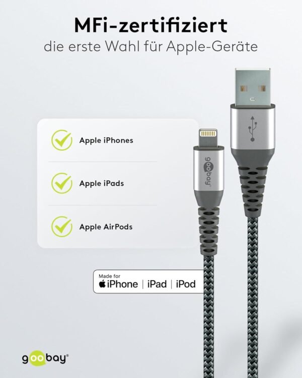 goobay 49269 Câble Lightning Apple – Certifié MFi – Câble textile extra résistant premium avec connecteurs métalliques – 2 m – Image 5