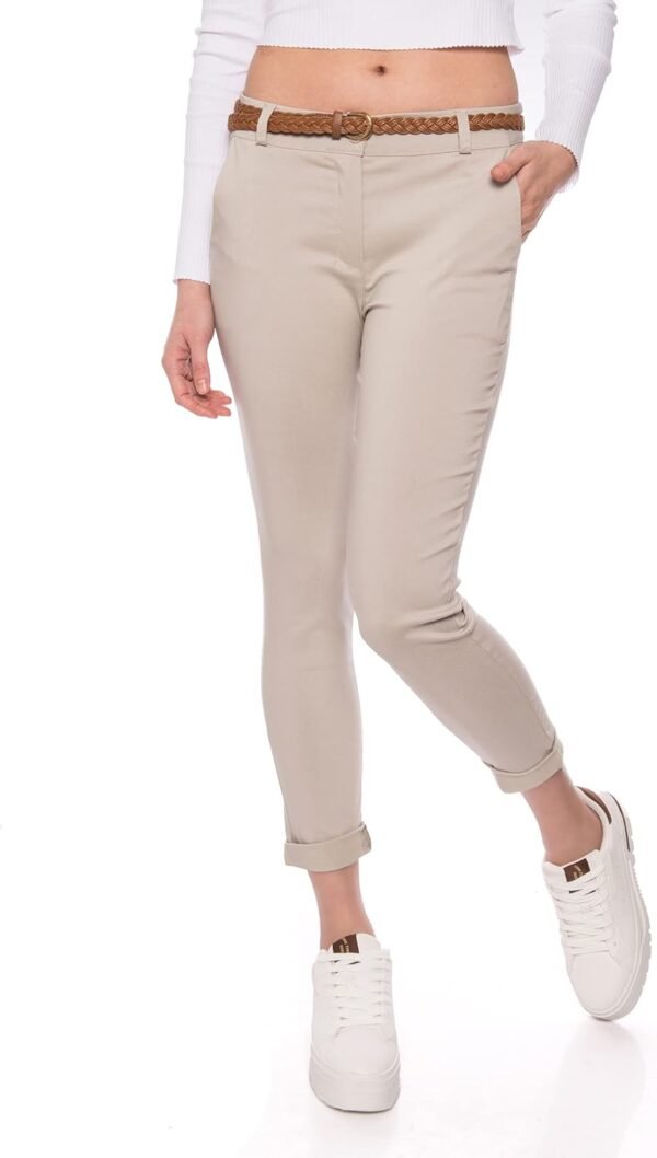 Kendindza Pantalon chino stretch pour femme avec ceinture Pantalon en tissu élégant long – Image 3