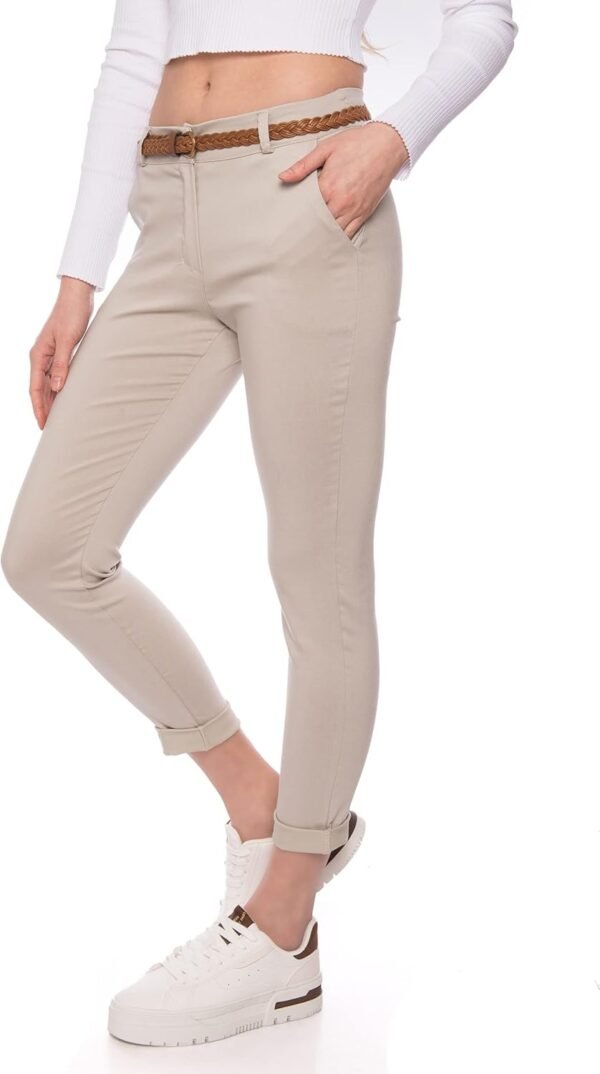 Kendindza Pantalon chino stretch pour femme avec ceinture Pantalon en tissu élégant long – Image 4