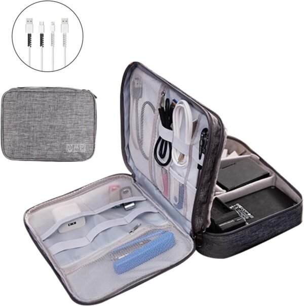 OrgaWise Sac Électronique Multifonctionnel Sac Câble Portable Étanche pour Tablette, Disque Dur Externe, Chargeur, Câbles, Objets, Adaptateurs, Cartes Mémoire, Câbles USB (3 Couche, Gris) – Image 2