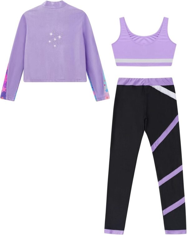 Oyolan Enfant Fille Ensemble Sport Survêtement Veste Débardeur Legging Gym Tenue Gymnastique Patinage Danse Entraînement 5-16 Ans – Image 4