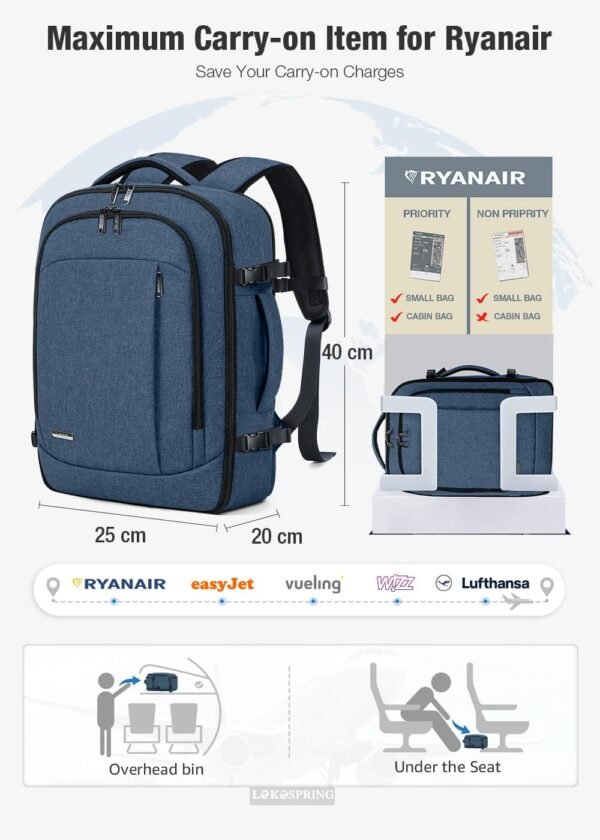 Lekespring Sac à Dos Voyage Cabine Ryanair 40x20x25, Sac à Dos Ordinateur Portable 14 Pouces pour Homme Femme avec 6 Sacs d'Organisation – Image 3