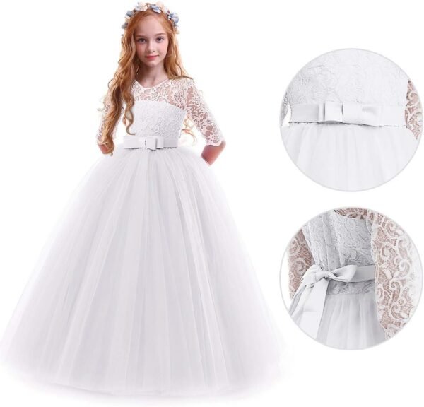 IWEMEK Enfants Fille Robe de Carnaval Princesse Longue en Dentelle avec Bowknot Demoiselle d'honneur Robe de Soirée Mariage Robe de Première Communion Anniversaire Fête Photographie 2-14 Ans – Image 3