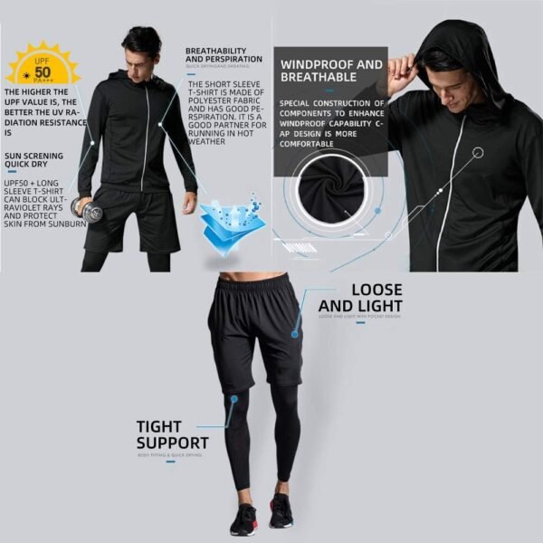 HZQIFEI Homme 5 Pièces Vêtements de Sport avec Hoodies Vestes Manches Courtes/Longues Shirt Compression Collant Short Séchage Rapide Workout Ensemble de Fitness Sportswear – Image 4