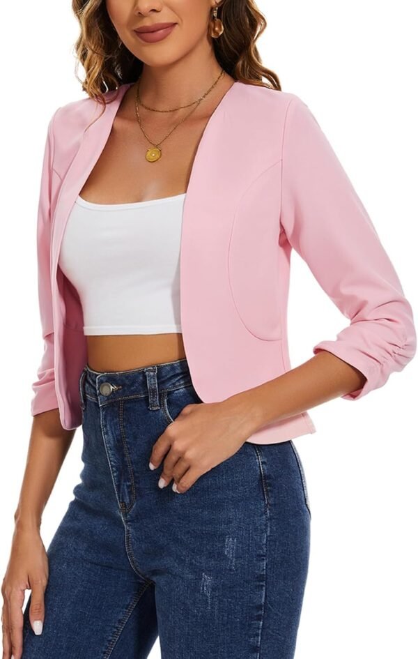 LADI TREND Blazer court sans col pour femme Vestes ouvertes sur le devant Manches 3/4 froncées Cardigan demi-lin – Image 2