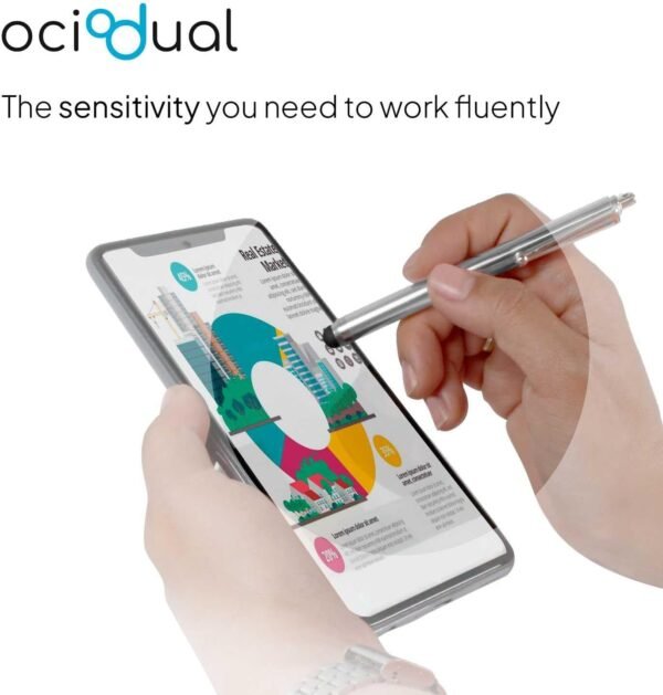 OcioDual Stylet Tactile pour écrans Tactiles, Argent, Touch Pen Compatible Smartphones, Tablettes, Moniteurs, Pointeur Capacitif Universel en Métal, Pointe en Caoutchouc, Anti Rayures – Image 3