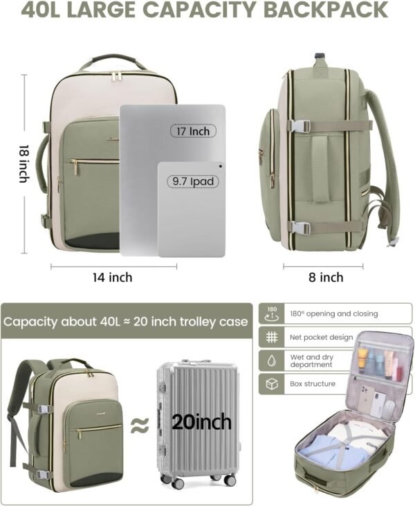 LOVEVOOK Bagage à main Sac à dos, avion, de voyage pour femme Grand 40 l, étanche, avec compartiment pour ordinateur portable 17", Sac à dos de voyage pour l'école, le travail, le camping – Image 2