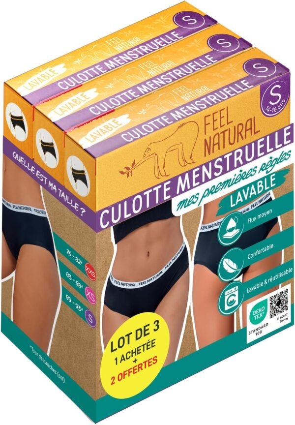 Feel Natural Sous Vêtement Pack 3 Culottes Menstruelles Premières Règles Protection Absorbante Sans Couture, Confort Hygiénique Jeune Femme, Ado - Lavable, Anti Fuite, Noir, Taille S