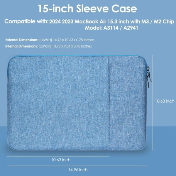 ProElife Housse pour ordinateur portable de 15" – Pour MacBook Air 15" 2024 et 2023 avec puce M3 M2 – Housse de transport résistante à l'eau – Pour MacBook Air 15" 2024 2023 M3 M2 (bleu clair) – Image 2