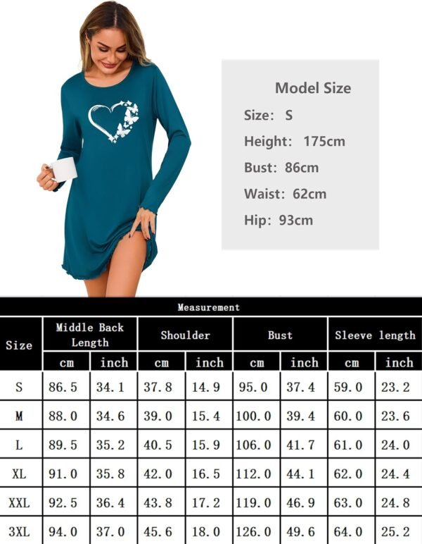 Demegimi Chemise de Nuit Femme Coeur Coton Robe de Nuit à Manches Longue Vêtement de Nuit Longue Tee Shirt Nuit – Image 6