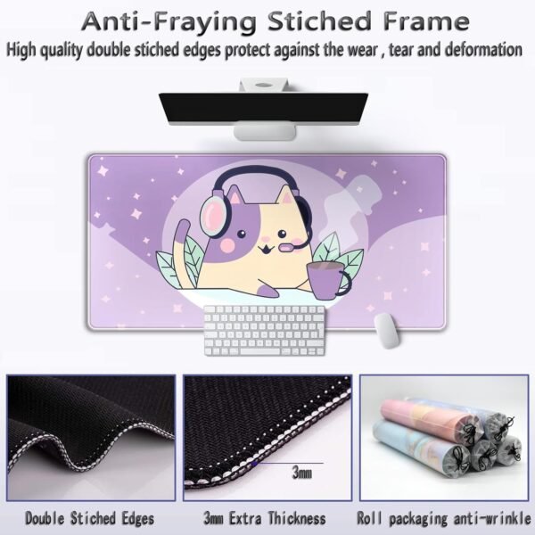 Mechanical Cattle Kawaii Tapis de Bureau Motif Chat de l'espace Violet - Grand Tapis de Souris XXL - Tapis de Souris Long pour Clavier de Jeu - 80 x 40 cm - Accessoires de Bureau Mignons pour Filles – Image 7