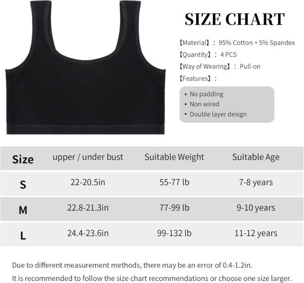 Lancry Lot de 4 soutiens-gorge pour filles, en coton doux pour filles de 7 à 12 ans, soutien-gorge d'entraînement sans fil non rembourré pour filles, enfants, adolescentes – Image 7
