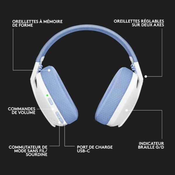 Logitech G435 LIGHTSPEED & Bluetooth sans Fil Casque Gamer, léger circum-auriculaire, Micro intégré, Batterie de 18h, Compatible avec Dolby Atmos, PC, PS4, PS5, Mobile, Nintendo Switch - Blanc – Image 9