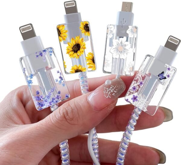 4 Pièces Protecteur de Câble de Chargement avec Fleurs Mignonnes, Protecteur de Câble Mignon pour le Chargeur Type-c de l'iPhone, Protecteur de Câble Léger