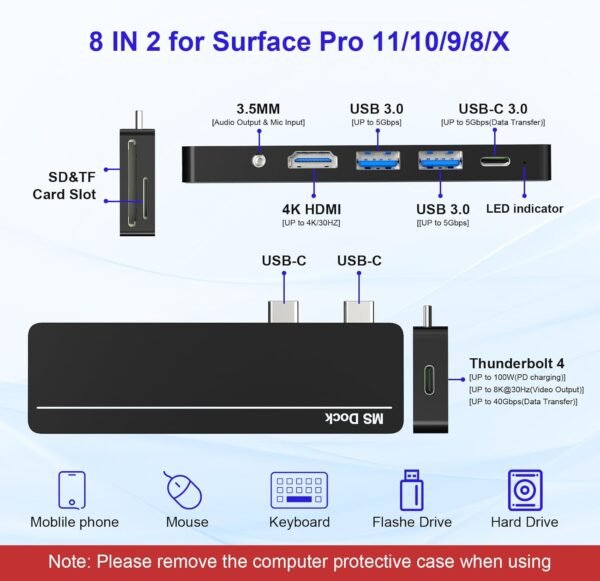 Surface Pro 8/9/10/11/X Docking Station - Adaptateur Surface Pro 9 avec HDMI 4K, Thunderbolt 4 (vidéo 8K@30Hz + données 40 G + PD 100 W), 2 x USB 3.0, Lecteur de Carte SD/TF Accessoires Surface Pro 9 – Image 2