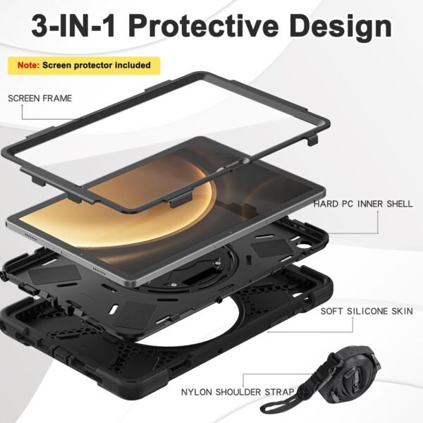 BRAECN pour Coque Samsung Galaxy Tab A9+ Plus 11 Pouces 2023, Étui de Robuste avec Film Protection, Support Rotatif à 360°et Dragonne, Bandoulière, Résistant Housse pour SM-X210/X216/X218, Noir – Image 6