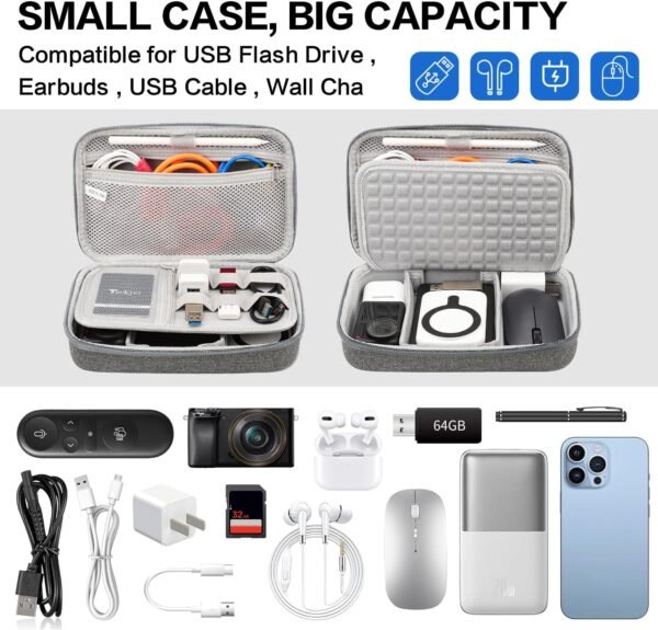 Teskyer Sac Rangement Cable Voyage - Coque Rigide, Imperméable, Meilleure Protection, Grande Capacité, Portable, Voyage Accessoires, 14 x 22 x 6,5 cm, Gris – Image 3