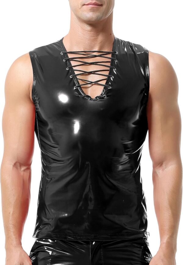 YOOBNG Gilet sans Manches en Simili-Cuir pour Hommes - Style Wet Look avec Cordon en V – Image 2