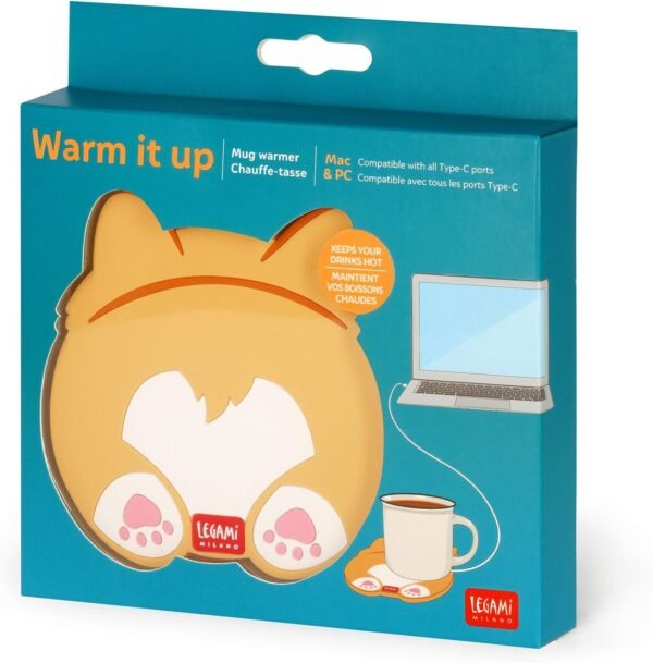 Legami - Chauffe-Tasse USB, Warm it up, 10 x 10 cm, en Vinyle, idéal pour Tasses et Verres à Fond Plat, entrée USB, thème Corgi, Orange – Image 3