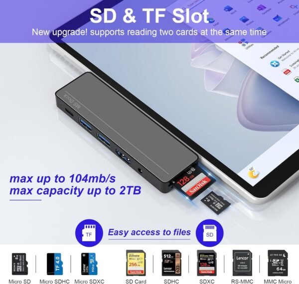 Surface Pro 8/9/10/11/X Docking Station - Adaptateur Surface Pro 9 avec HDMI 4K, Thunderbolt 4 (vidéo 8K@30Hz + données 40 G + PD 100 W), 2 x USB 3.0, Lecteur de Carte SD/TF Accessoires Surface Pro 9 – Image 3