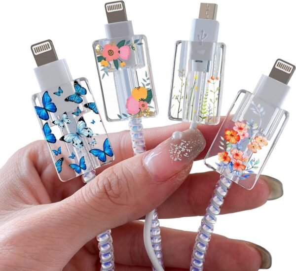 4 Pièces Protecteur de Câble de Chargement avec Fleurs Mignonnes, Protecteur de Câble Mignon pour le Chargeur Type-c de l'iPhone, Protecteur de Câble Léger