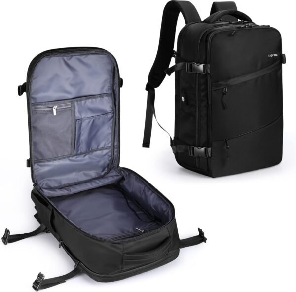 HOMIEE Sac à Dos de Voyage Extra Large, Sac à Dos Cabine Imperméable pour Ordinateur Portable, Sac a Dos Voyage Avion Antivol avec Port de Charge USB, Sac a Dos Bagage à Main, Noir – Image 9