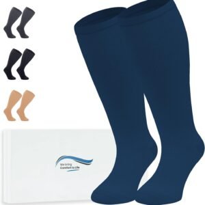 360 Relief Bas de Contention - 1 Paire Grande Taille Couleur Unie Chaussettes de Compression Femme et Homme - Idéales pour Vols, Voyages et Sports - 3XL Bleu avec sac de lavage en maille