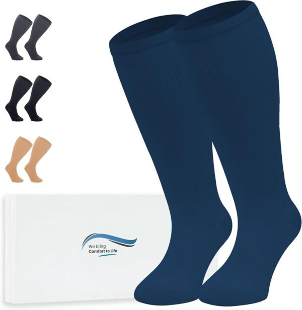360 Relief Bas de Contention - 1 Paire Grande Taille Couleur Unie Chaussettes de Compression Femme et Homme - Idéales pour Vols, Voyages et Sports - 3XL Bleu avec sac de lavage en maille