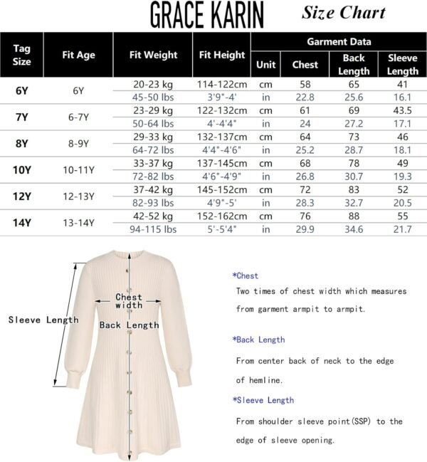GRACE KARIN Filles Robe Tricotée pour Automne Hiver Col Ras du Cou Manches Longues Coupe Évasée – Image 5