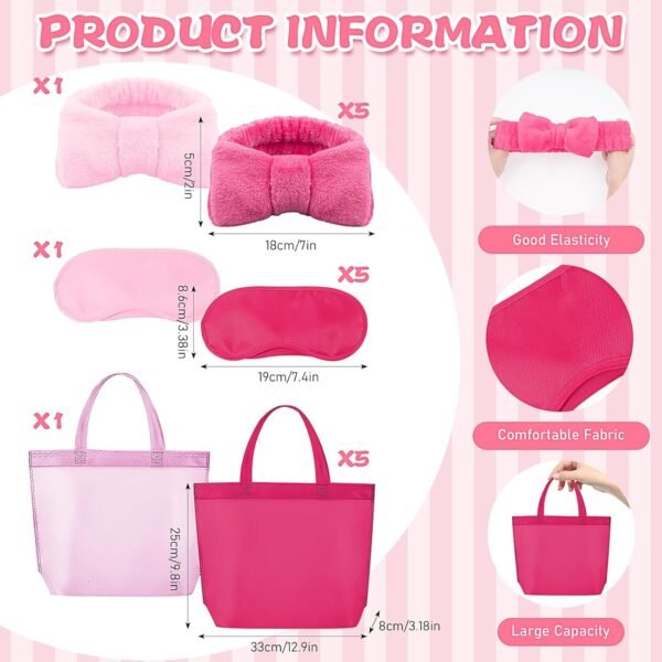 TESIN Lot de 24 fournitures de fête spa pour filles, 6 peignoirs, 6 bandeaux, 6 sacs fourre-tout, 6 masques pour les yeux – Anniversaire rose – Image 4
