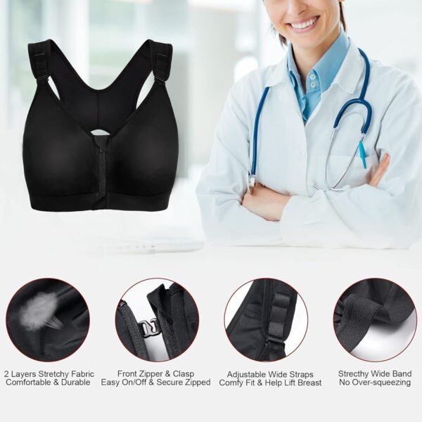 Bafully Soutien-Gorge de Sport Post-opératoire Brassière Femme Zippée Avant Zipper Lingerie Fermeture Devant pour Fitness Jogging Yoga – Image 3