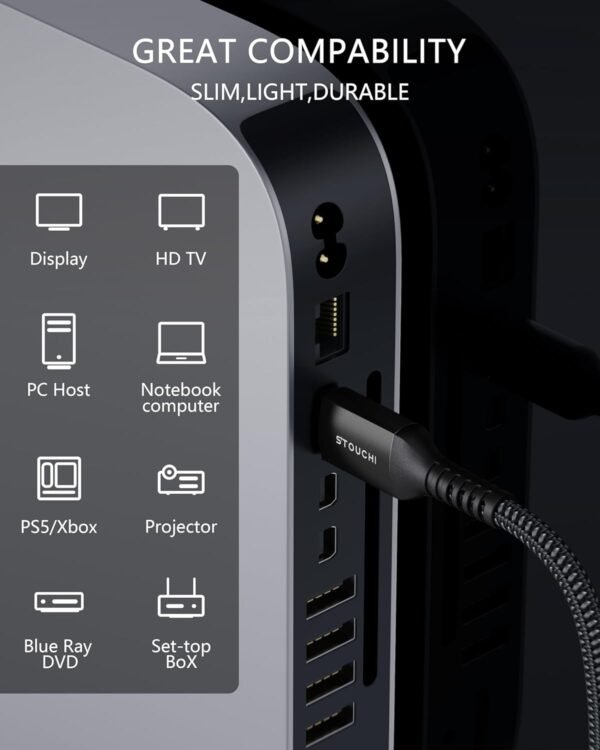 Stouchi Câble HDMI 2.1 2m, 8K Ultra HD 48Gbps Haute Vitesse 8K60 4K120 144Hz RTX 3080 eARC HDR10 4:4:4 HDCP 2.2&2.3 Dolby Compatible avec Fire TV/Roku TV/PS5/Xbox Series X/LG,Noir,1 2 Paquets – Image 6