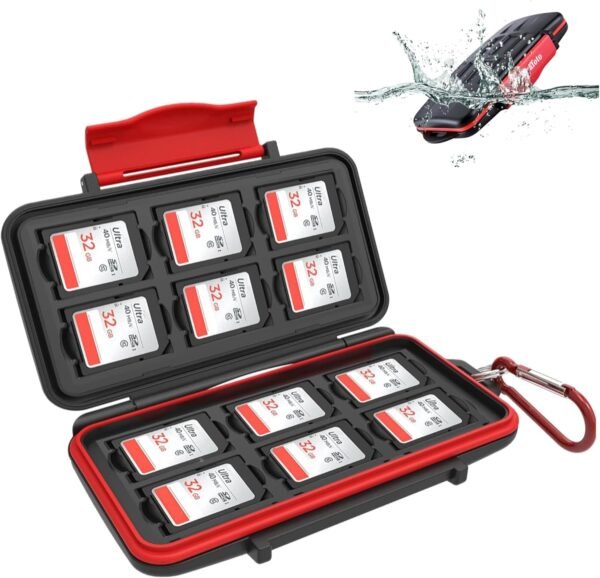 Kiorafoto Étui pour Cartes Mémoire, 12 Emplacements Résistant à l'eau et aux Chocs pour SD SDHC SDXC Professionnel Porte Carte SD avec Mousqueton- Petit et Portable