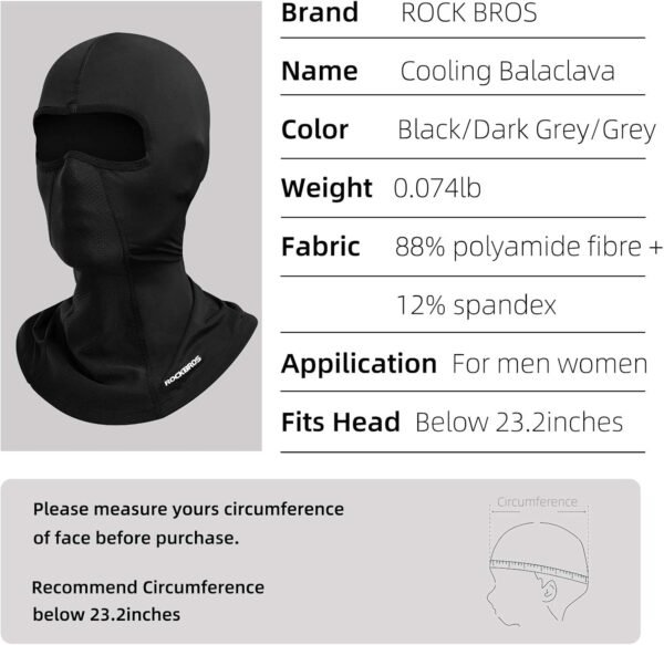 ROCKBROS Cagoule d'été de Sport Moto Vélo Protection UV pour Homme Femme, Cache Cou Balaclava UPF 50+, Visage Bandanas pour Les Myopes Noir Gris Blanc – Image 6