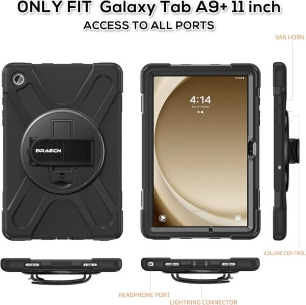 BRAECN pour Coque Samsung Galaxy Tab A9+ Plus 11 Pouces 2023, Étui de Robuste avec Film Protection, Support Rotatif à 360°et Dragonne, Bandoulière, Résistant Housse pour SM-X210/X216/X218, Noir – Image 8