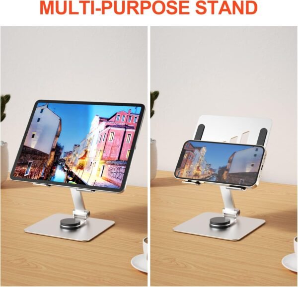 Firschoie Support Tablette, Support Téléphone en Aluminium, Base pliable portative, support réglable, Convient aux téléphones portables, accessoires, bureaux, Compatible Apple, Samsung, Huawei(Argent) – Image 3