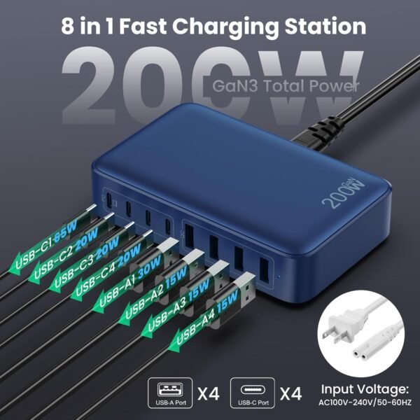 200W Chargeur USB C, Chargeur Rapide avec GaN III Tech, 8 Ports PD QC PPS Prise Multiple, 65W Adaptateur Chargeur Laptop Compatible avec MacBook Pro/Air Laptop, iPhone, iPad Pro, Galaxy, SteamDeck – Image 4