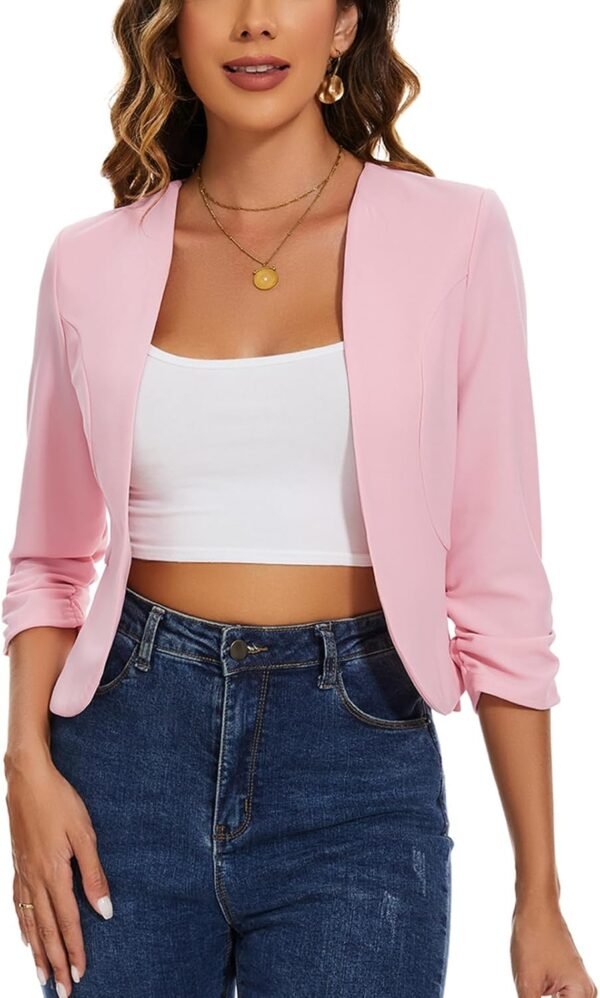 LADI TREND Blazer court sans col pour femme Vestes ouvertes sur le devant Manches 3/4 froncées Cardigan demi-lin – Image 5