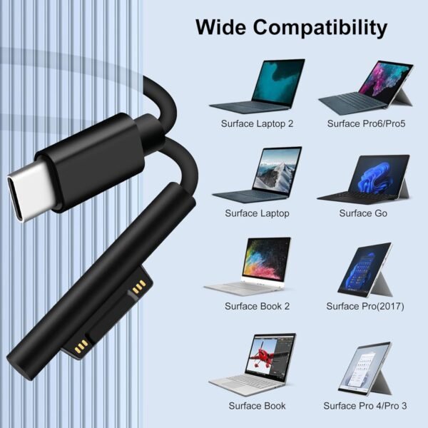 Câble de charge magnétique USB-C mâle vers Surface, prend en charge PD jusqu'à 45 W (15 V/3 A), charge rapide, compatible avec Microsoft Surface Pro 7/6/5/4/3 Go/Book Surface Laptop 4/3/2, 1 m/3,28 pi – Image 7